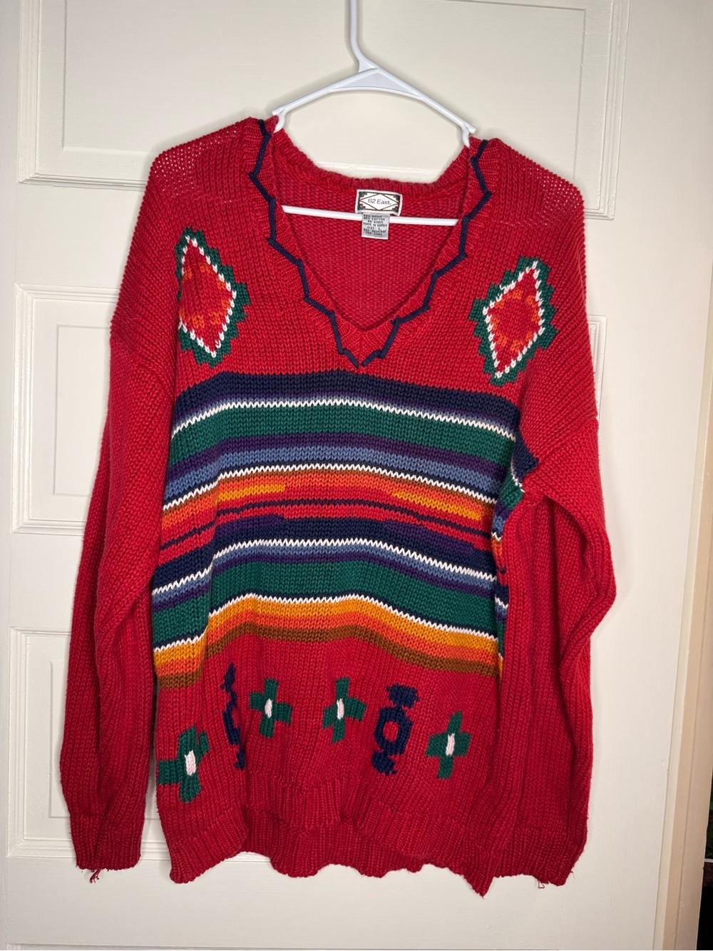 Red Southwestern-Stripe V-Neck Crew Sweater